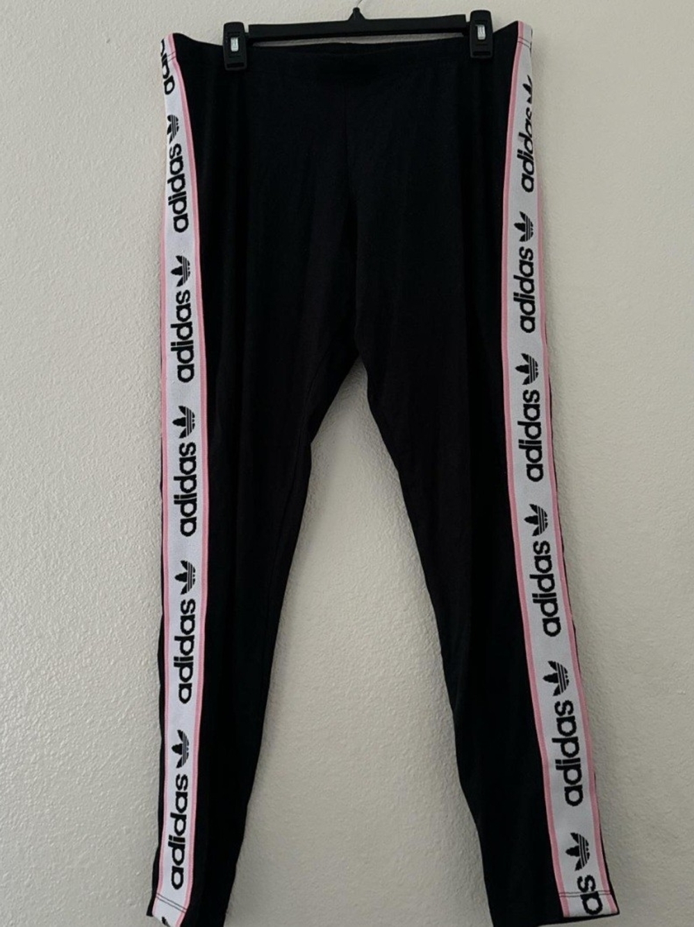 adidas XL Womans Black Leggings with Pink and White Side Logo Tape